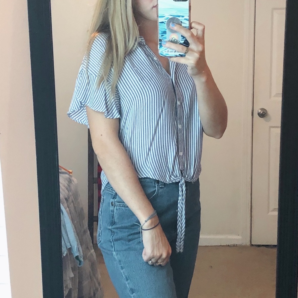 Blue and white striped flowy crop top